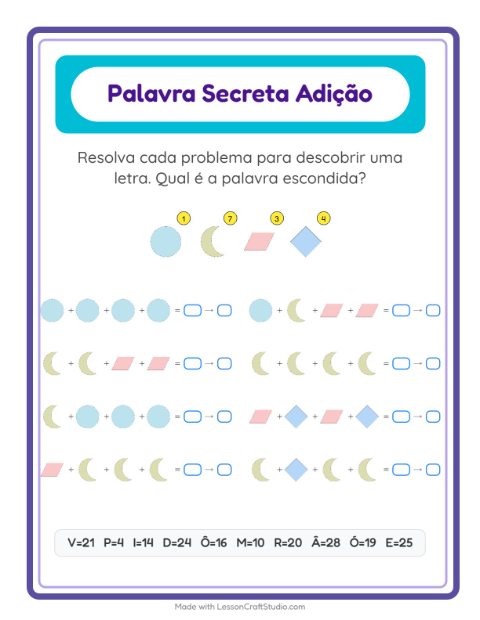 Pré-visualização da ficha de Adição Com Código com Formas para Educação infantil (pré-escola, 5-7 anos)
