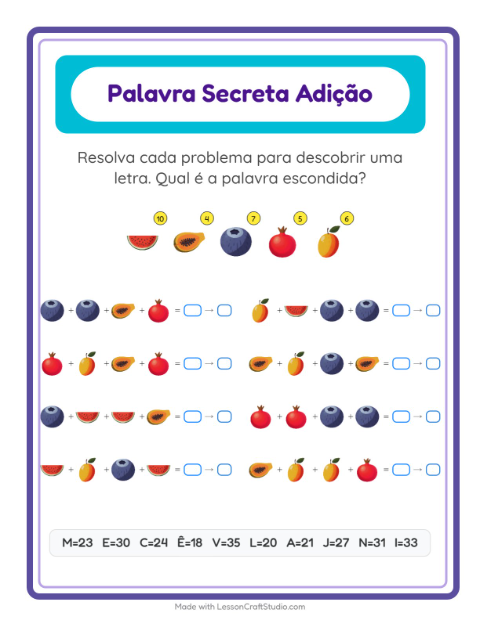 Pré-visualização da ficha de Adição Com Código com Frutas para Educação infantil (pré-escola, 5-7 anos)