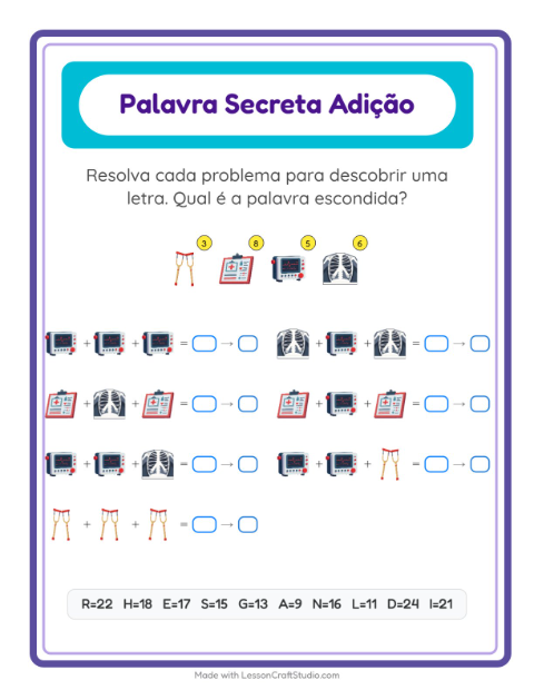 Pré-visualização da ficha de Adição Com Código com Hospital para Educação infantil (pré-escola, 5-7 anos)
