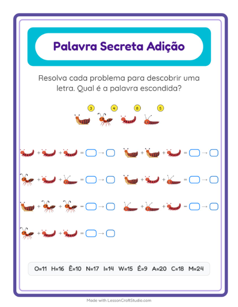 Pré-visualização da ficha de Adição Com Código com Insetos e bichos para Educação infantil (pré-escola, 5-7 anos)