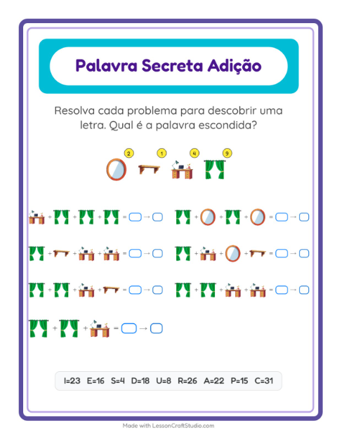 Pré-visualização da ficha de Adição Com Código com Móveis para Educação infantil (pré-escola, 5-7 anos)