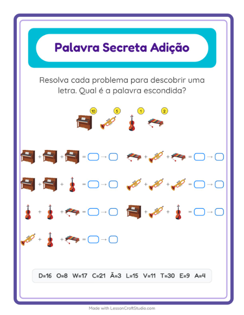 Pré-visualização da ficha de Adição Com Código com Música para Educação infantil (pré-escola, 5-7 anos)