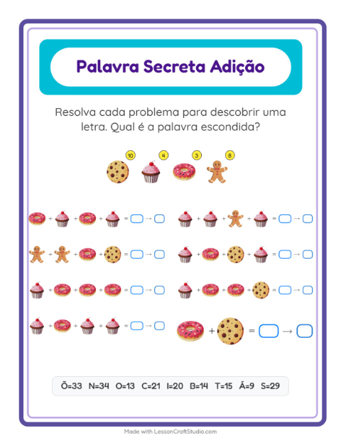 Pré-visualização da ficha de Adição Com Código com Padaria para Educação infantil (pré-escola, 5-7 anos)