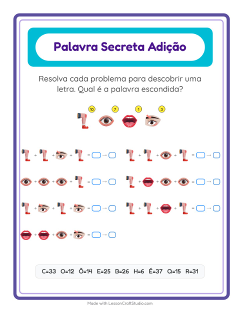 Pré-visualização da ficha de Adição Com Código com Partes do corpo para Educação infantil (pré-escola, 5-7 anos)