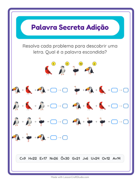 Pré-visualização da ficha de Adição Com Código com Pássaros 2 para Educação infantil (pré-escola, 5-7 anos)