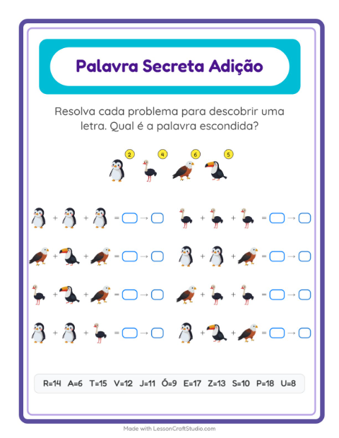 Pré-visualização da ficha de Adição Com Código com Pássaros para Educação infantil (pré-escola, 5-7 anos)