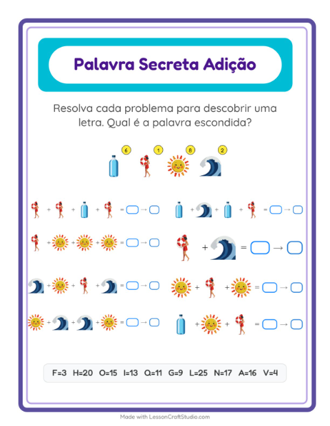 Pré-visualização da ficha de Adição Com Código com Praia para Educação infantil (pré-escola, 5-7 anos)