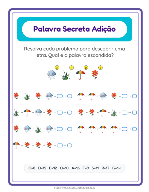 Pré-visualização da ficha de Adição Com Código com Primavera para Educação infantil (pré-escola, 5-7 anos)