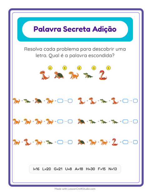 Pré-visualização da ficha de Adição Com Código com Répteis e anfíbios para Educação infantil (pré-escola, 5-7 anos)