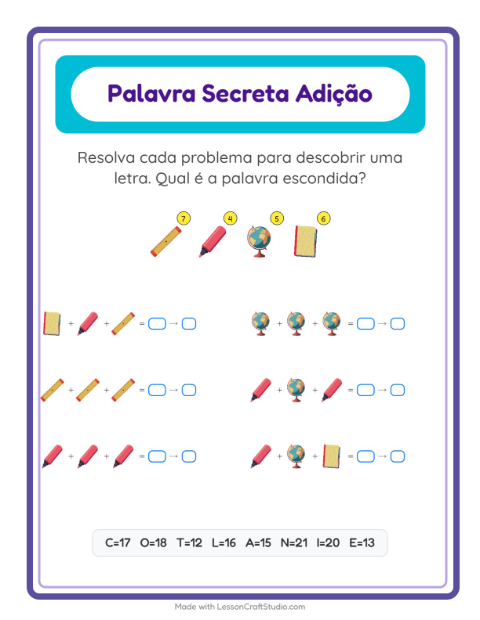 Pré-visualização da ficha de Adição Com Código com Sala de aula para Educação infantil (pré-escola, 5-7 anos)