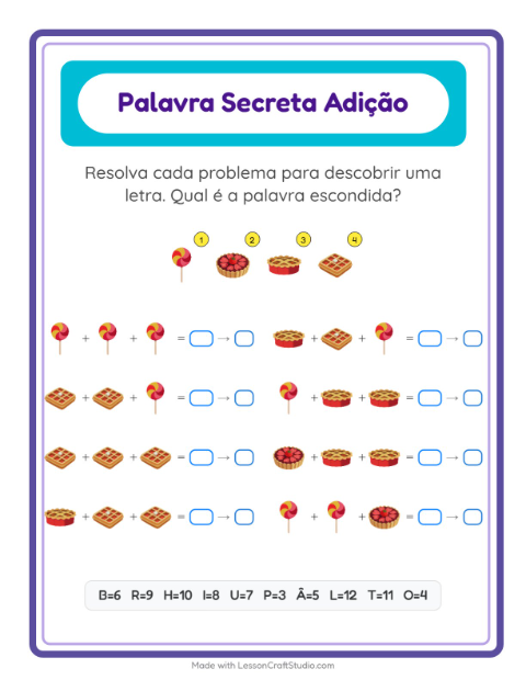 Pré-visualização da ficha de Adição Com Código com Sobremesas e doces para Educação infantil (pré-escola, 5-7 anos)