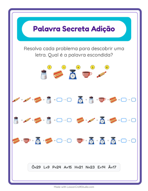 Pré-visualização da ficha de Adição Com Código com Utensílios de cozinha para Educação infantil (pré-escola, 5-7 anos)