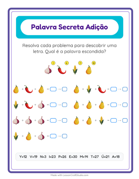 Pré-visualização da ficha de Adição Com Código com Vegetais para Educação infantil (pré-escola, 5-7 anos)