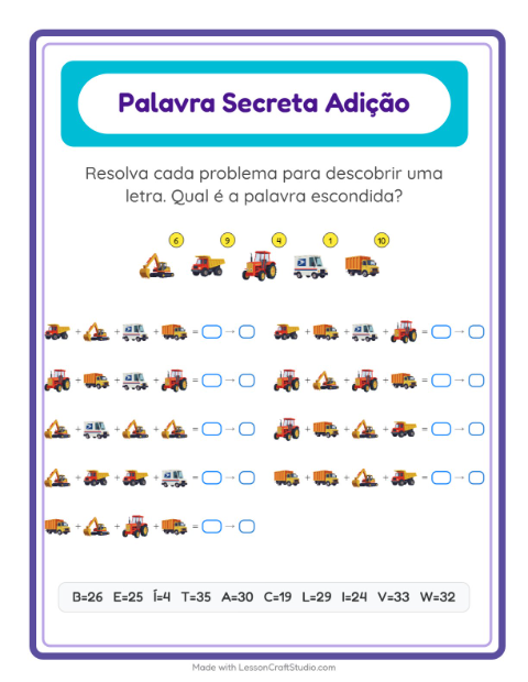 Pré-visualização da ficha de Adição Com Código com Veículos para Educação infantil (pré-escola, 5-7 anos)