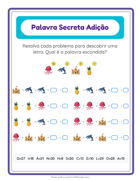 Pré-visualização da ficha de Adição Com Código com Verão para Educação infantil (pré-escola, 5-7 anos)