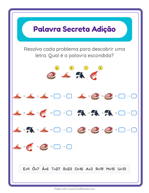 Pré-visualização da ficha de Adição Com Código com Vida marinha para Educação infantil (pré-escola, 5-7 anos)
