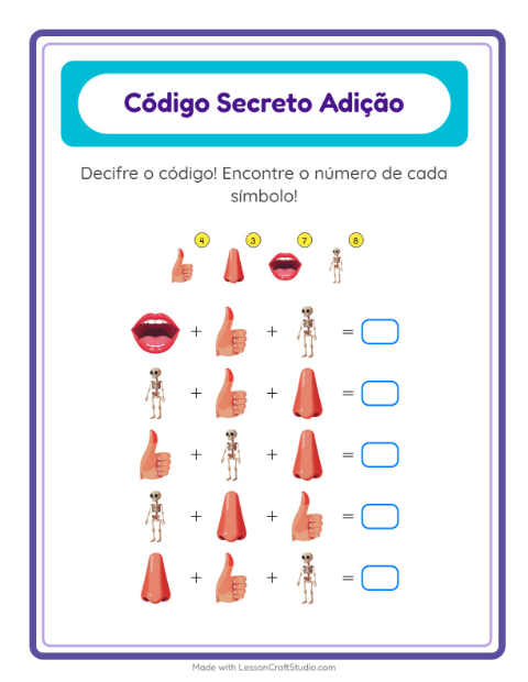 Pré-visualização da ficha de Adição Com Código com Partes do corpo para Educação infantil (pré-escola, 5-7 anos)