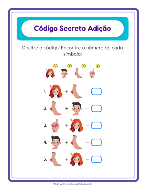 Pré-visualização da ficha de Adição Com Código com Partes do corpo para Educação infantil (pré-escola, 5-7 anos)