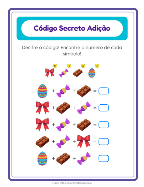 Pré-visualização da ficha de Adição Com Código com Páscoa para Educação infantil (pré-escola, 5-7 anos)