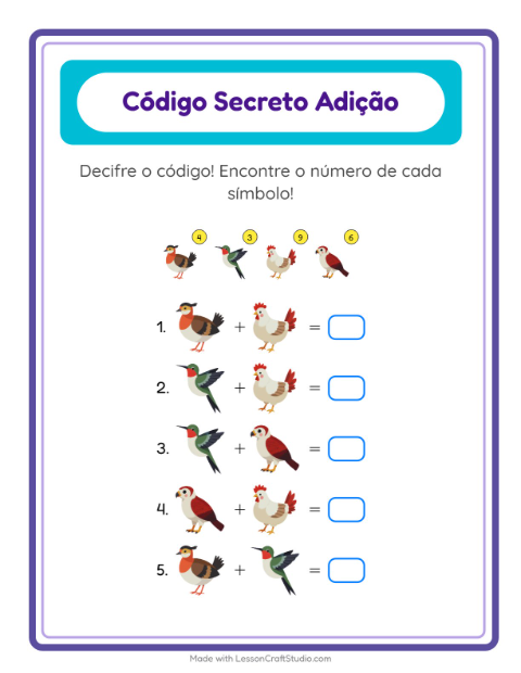 Pré-visualização da ficha de Adição Com Código com Pássaros 2 para Educação infantil (pré-escola, 5-7 anos)