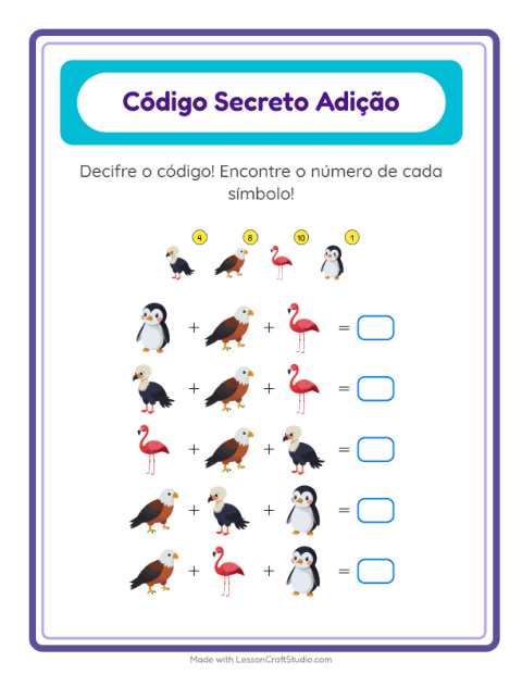 Pré-visualização da ficha de Adição Com Código com Pássaros para Educação infantil (pré-escola, 5-7 anos)