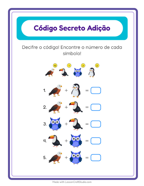 Pré-visualização da ficha de Adição Com Código com Pássaros para Educação infantil (pré-escola, 5-7 anos)