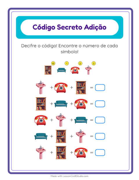Pré-visualização da ficha de Adição Com Código com Pela casa para Educação infantil (pré-escola, 5-7 anos)