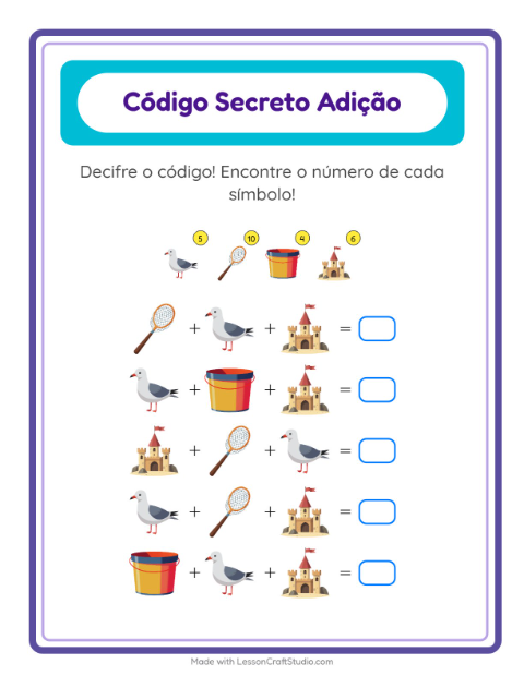 Adição com código – decifre e some com Praia – atividade para o 2º ano — 2