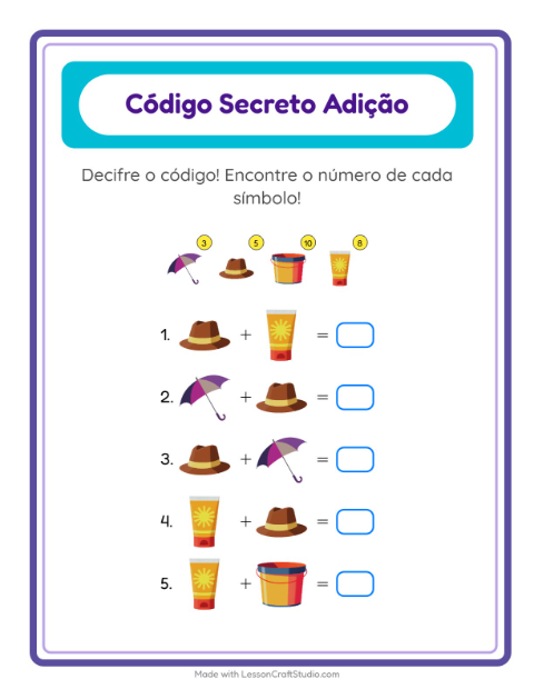 Pré-visualização da ficha de Adição Com Código com Praia para Educação infantil (pré-escola, 5-7 anos)