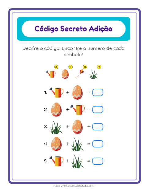Pré-visualização da ficha de Adição Com Código com Primavera para Educação infantil (pré-escola, 5-7 anos)