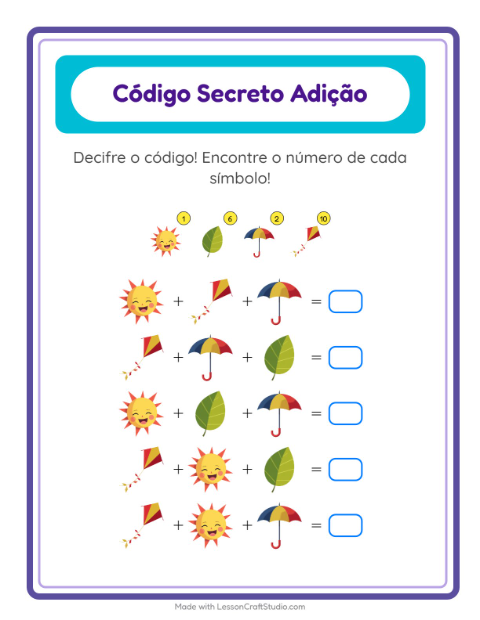 Pré-visualização da ficha de Adição Com Código com Primavera para Educação infantil (pré-escola, 5-7 anos)