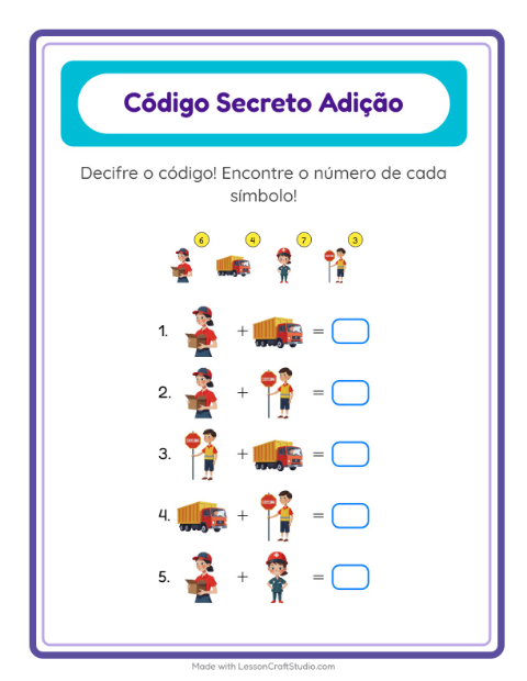Pré-visualização da ficha de Adição Com Código com Profissões para Educação infantil (pré-escola, 5-7 anos)