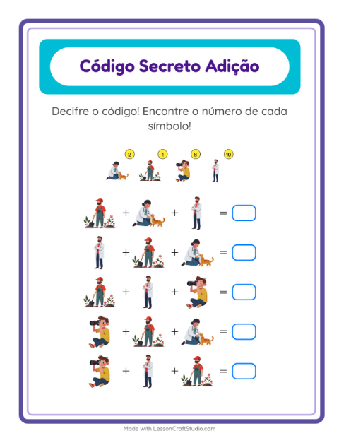 Pré-visualização da ficha de Adição Com Código com Profissões para Educação infantil (pré-escola, 5-7 anos)
