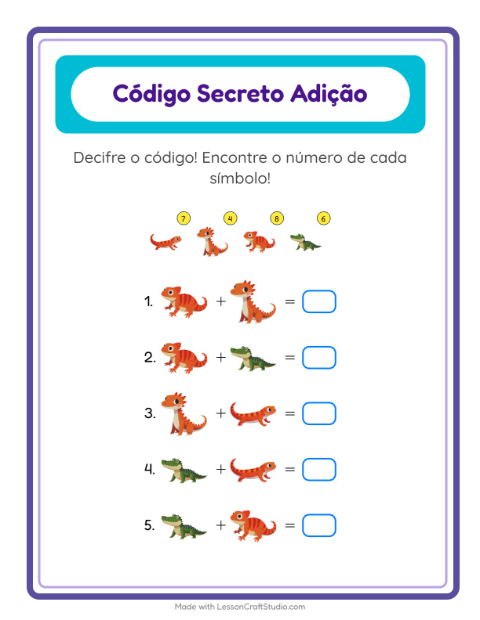 Pré-visualização da ficha de Adição Com Código com Répteis e anfíbios para Educação infantil (pré-escola, 5-7 anos)