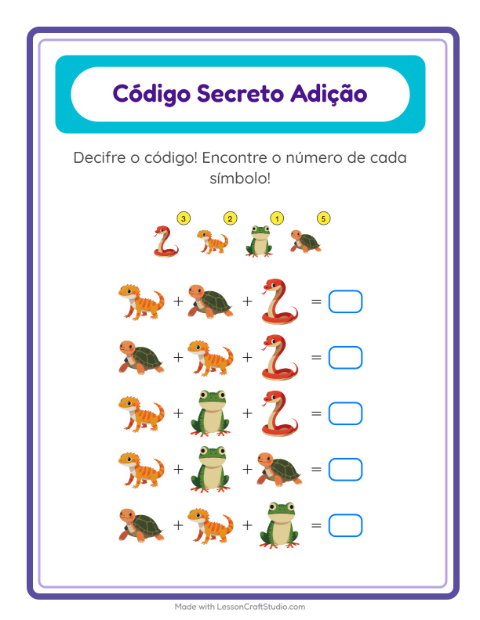 Pré-visualização da ficha de Adição Com Código com Répteis e anfíbios para Educação infantil (pré-escola, 5-7 anos)