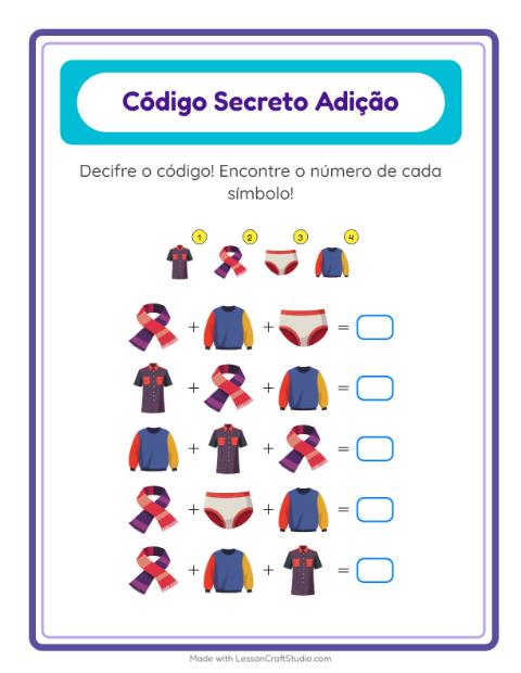 Pré-visualização da ficha de Adição Com Código com Roupas para Educação infantil (pré-escola, 5-7 anos)