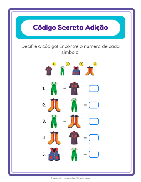 Pré-visualização da ficha de Adição Com Código com Roupas para Educação infantil (pré-escola, 5-7 anos)