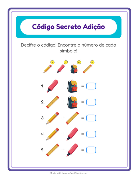 Pré-visualização da ficha de Adição Com Código com Sala de aula para Educação infantil (pré-escola, 5-7 anos)