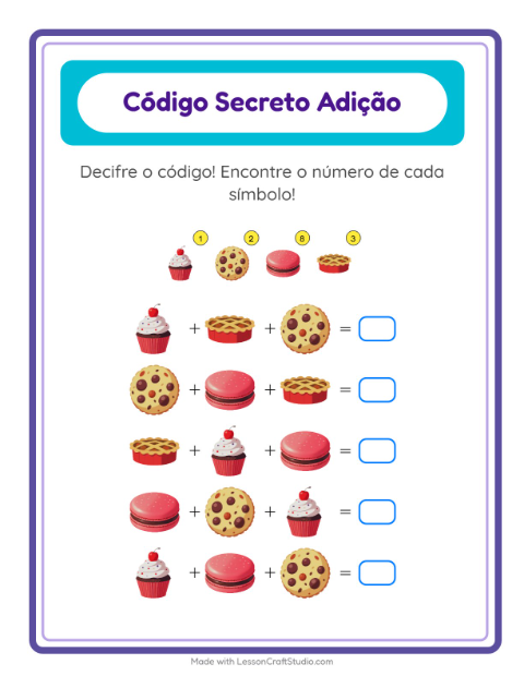 Pré-visualização da ficha de Adição Com Código com Sobremesas e doces para Educação infantil (pré-escola, 5-7 anos)