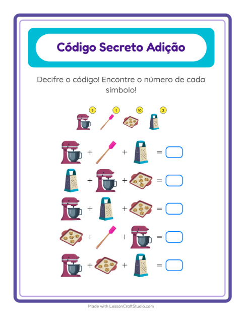 Pré-visualização da ficha de Adição Com Código com Utensílios de cozinha para Educação infantil (pré-escola, 5-7 anos)