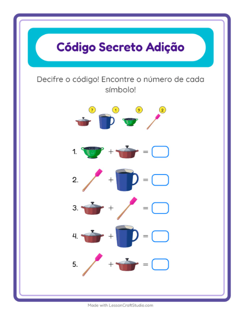 Pré-visualização da ficha de Adição Com Código com Utensílios de cozinha para Educação infantil (pré-escola, 5-7 anos)