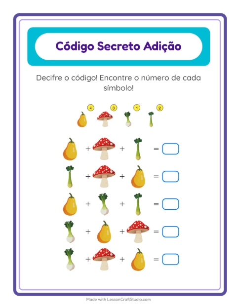 Pré-visualização da ficha de Adição Com Código com Vegetais para Educação infantil (pré-escola, 5-7 anos)
