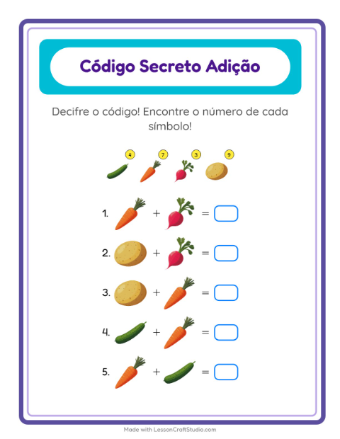 Pré-visualização da ficha de Adição Com Código com Vegetais para Educação infantil (pré-escola, 5-7 anos)
