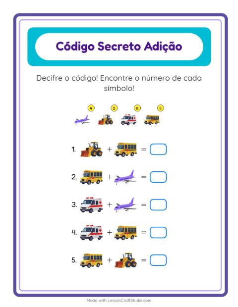 Pré-visualização da ficha de Adição Com Código com Veículos para Educação infantil (pré-escola, 5-7 anos)