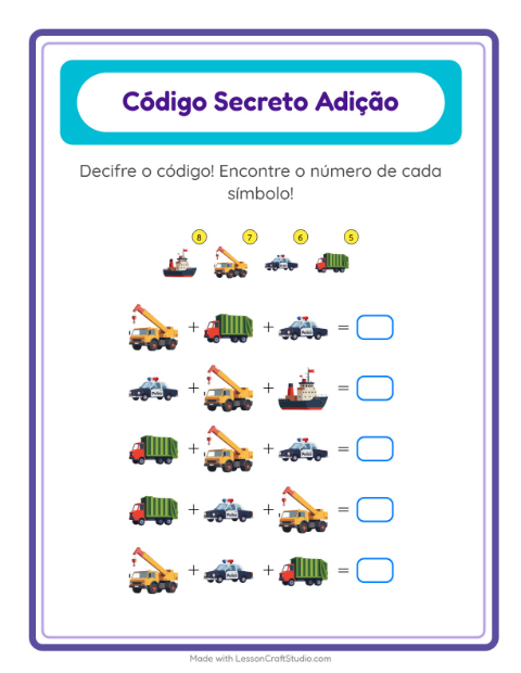 Pré-visualização da ficha de Adição Com Código com Veículos para Educação infantil (pré-escola, 5-7 anos)