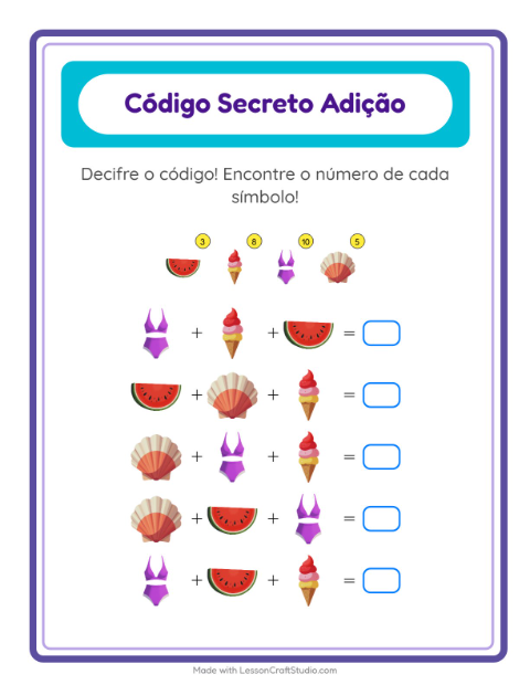 Pré-visualização da ficha de Adição Com Código com Verão para Educação infantil (pré-escola, 5-7 anos)