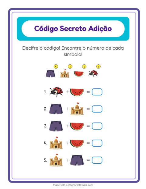 Pré-visualização da ficha de Adição Com Código com Verão para Educação infantil (pré-escola, 5-7 anos)
