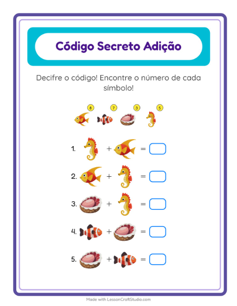 Pré-visualização da ficha de Adição Com Código com Vida marinha para Educação infantil (pré-escola, 5-7 anos)