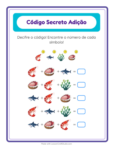 Pré-visualização da ficha de Adição Com Código com Vida marinha para Educação infantil (pré-escola, 5-7 anos)