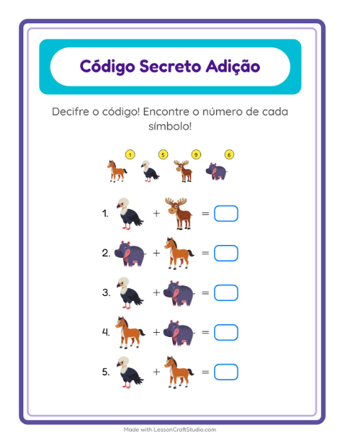 Pré-visualização da ficha de Adição Com Código para Educação infantil (pré-escola, 5-7 anos)